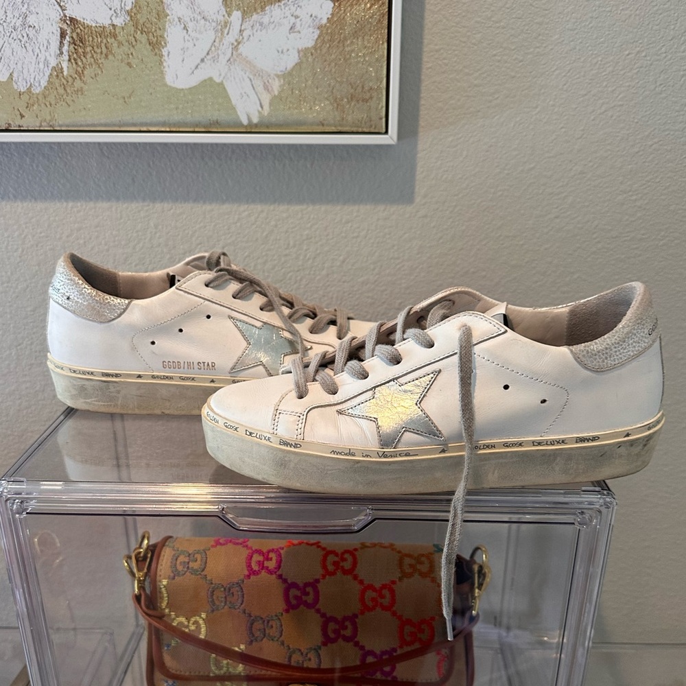 Golden Goose White Leather Sneakers with Silver Star and Beige Laces - Size 39